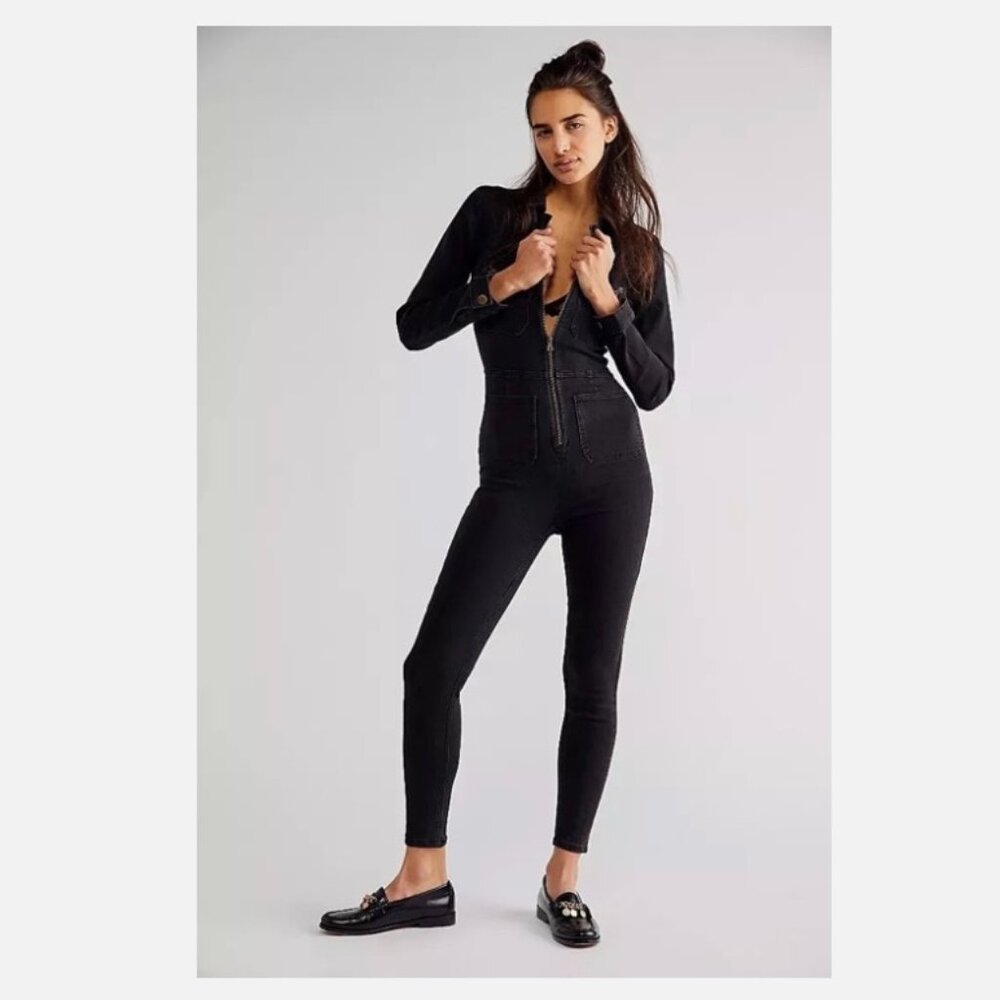 Free People | M | Lennox Jumpsuit in Black Stretch Denim